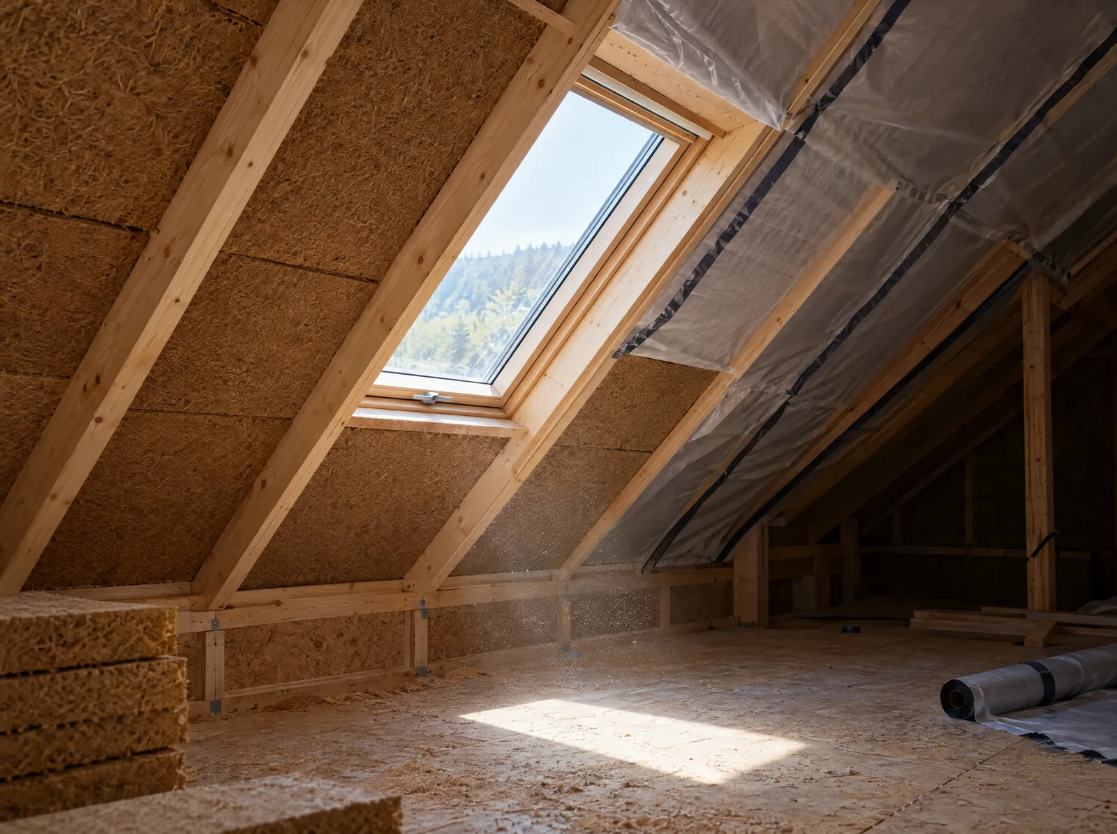Dachboden mit Holzfaserdämmung zwischen den Sparren und einem Dachfenster